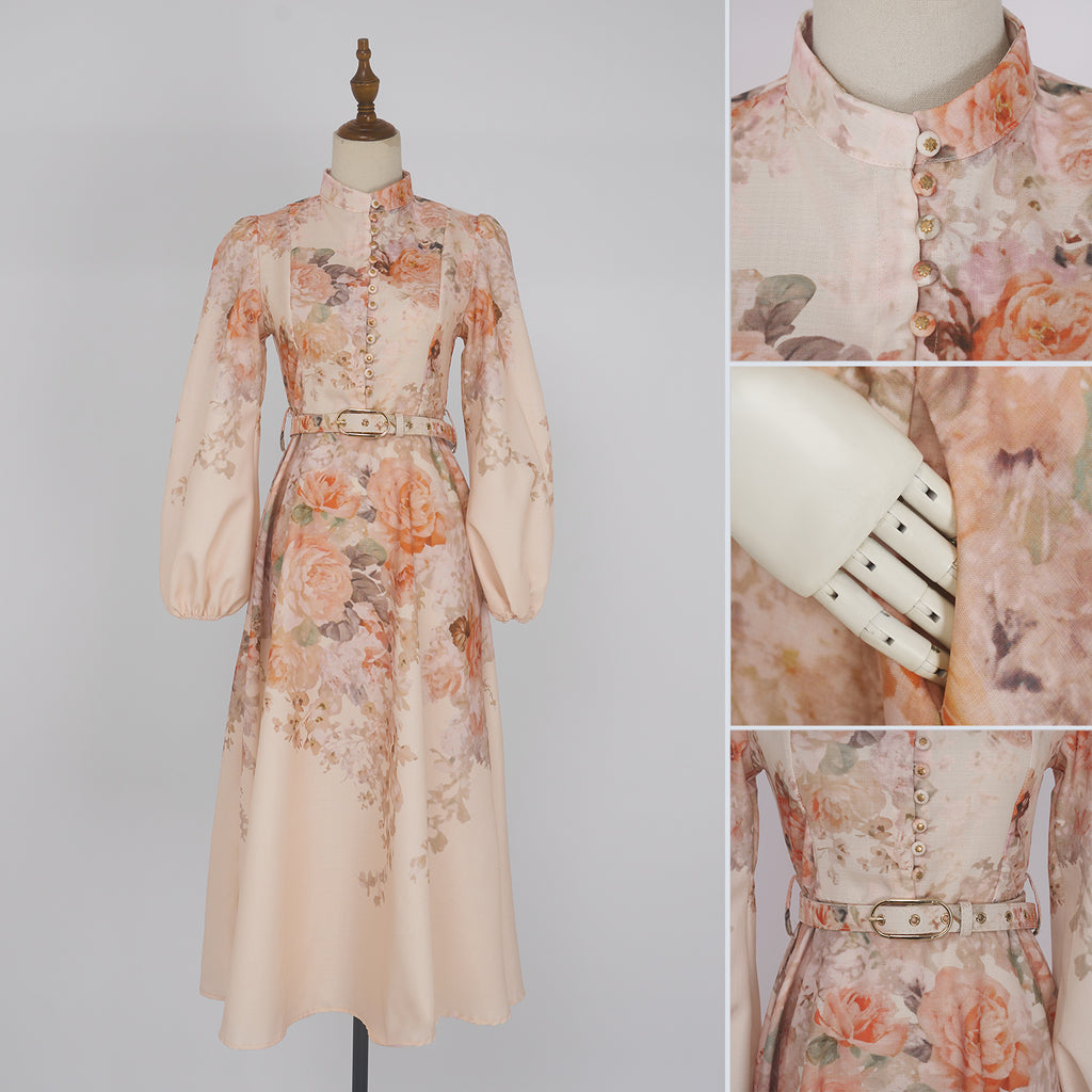 Women's Autumn Stand Collar Flower Lantern Sleeve Buckle Dress
