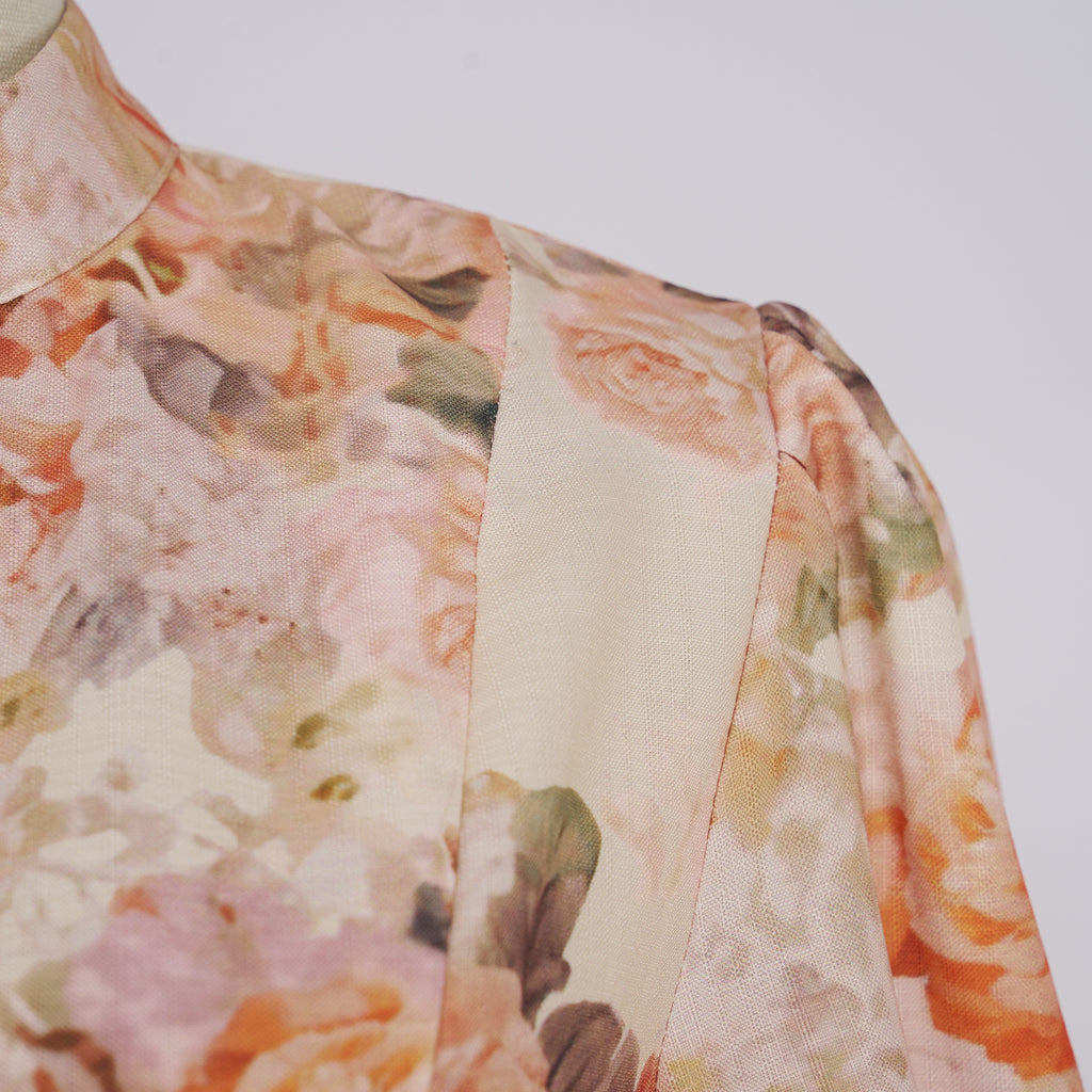 Women's Autumn Stand Collar Flower Lantern Sleeve Buckle Dress