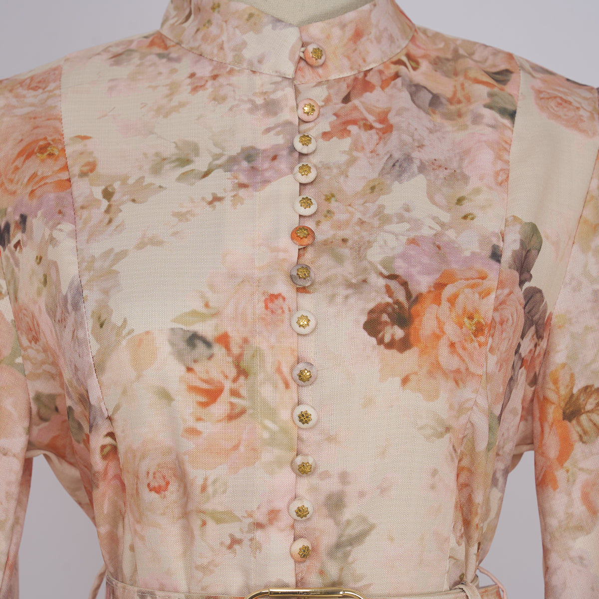 Women's Autumn Stand Collar Flower Lantern Sleeve Buckle Dress