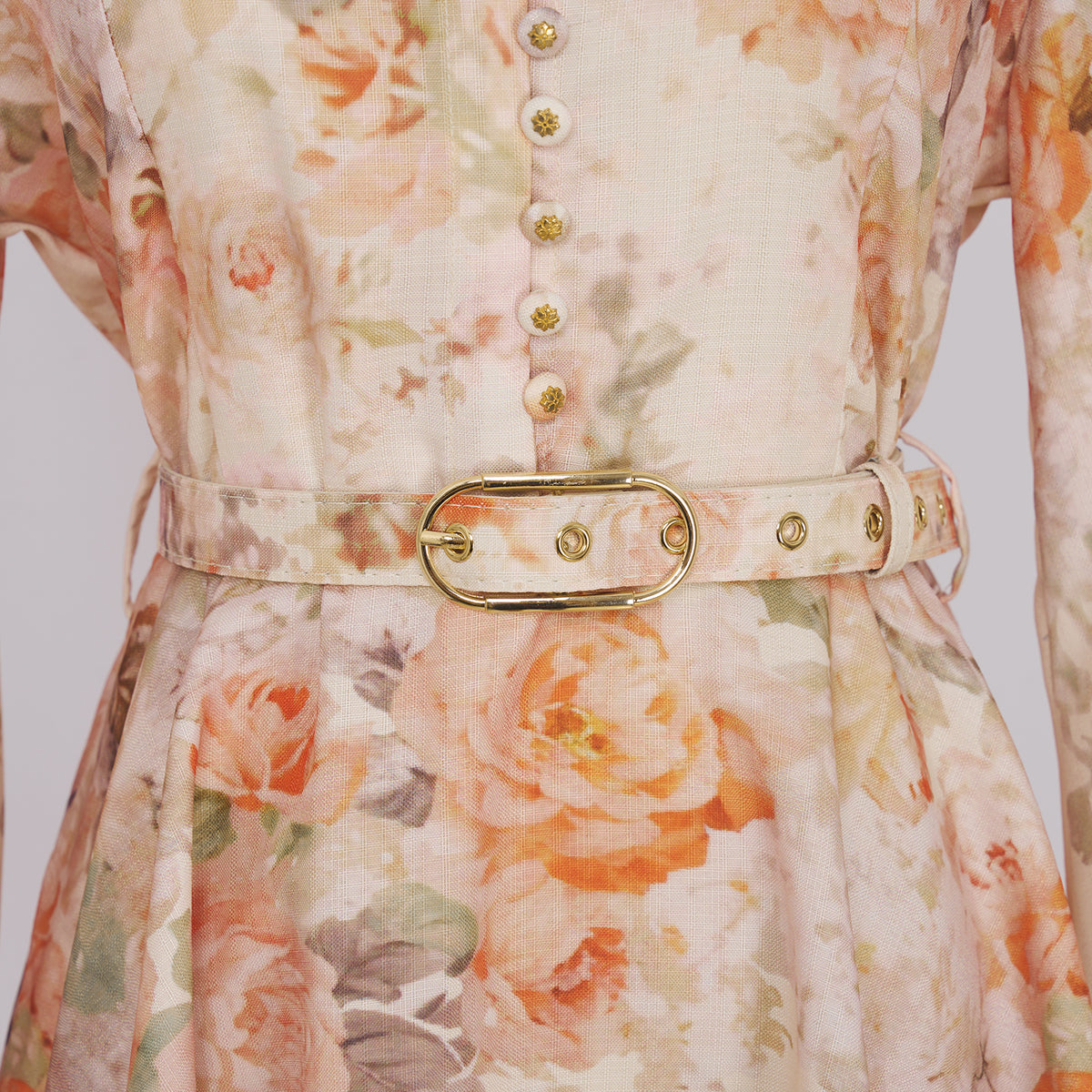 Women's Autumn Stand Collar Flower Lantern Sleeve Buckle Dress