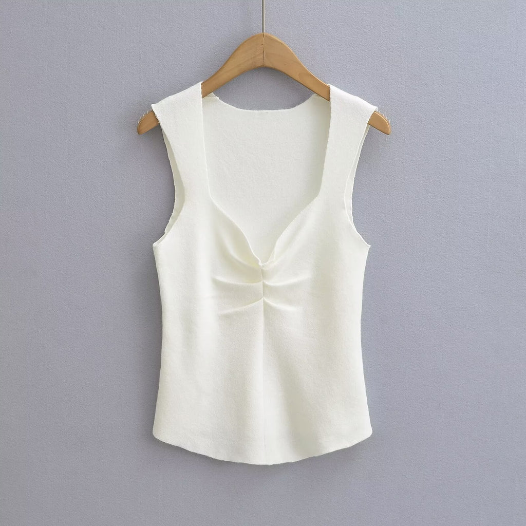 's Solid Color Chest Pleated Stretch Knitted Top