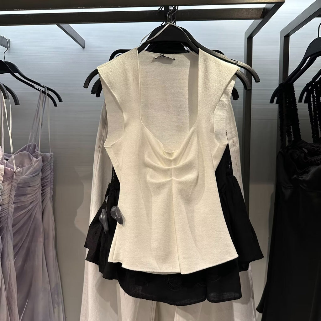 's Solid Color Chest Pleated Stretch Knitted Top