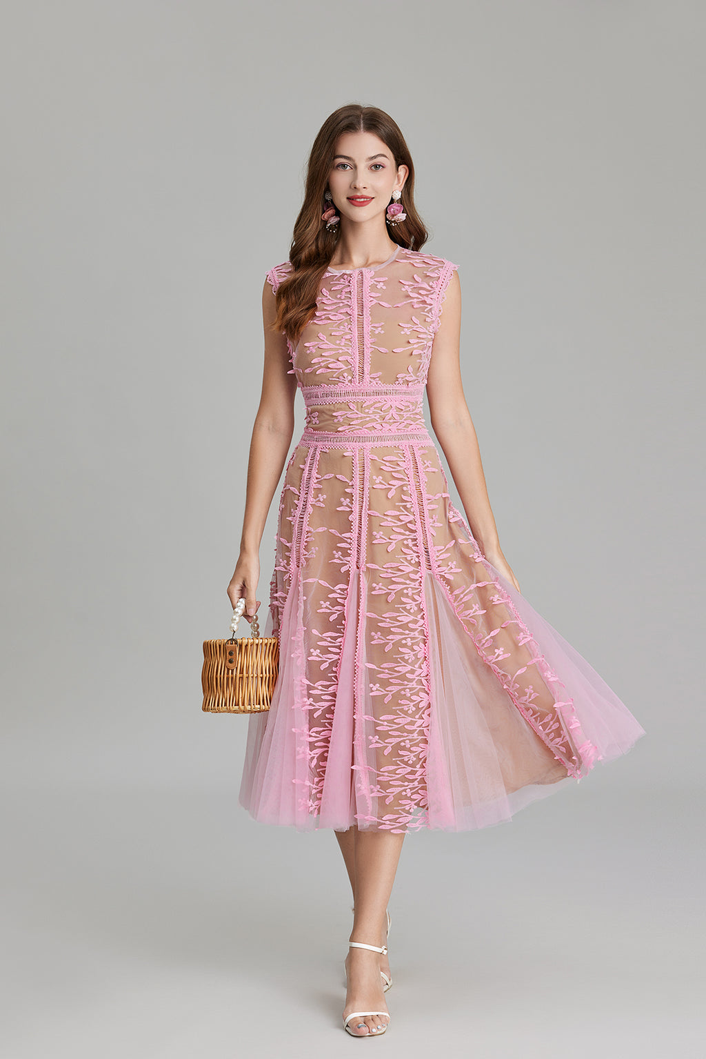 Floral Mesh Lace Sleeveless Midi Dress
