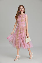 Floral Mesh Lace Sleeveless Midi Dress