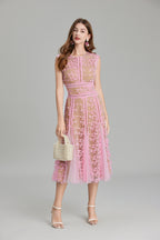 Floral Mesh Lace Sleeveless Midi Dress