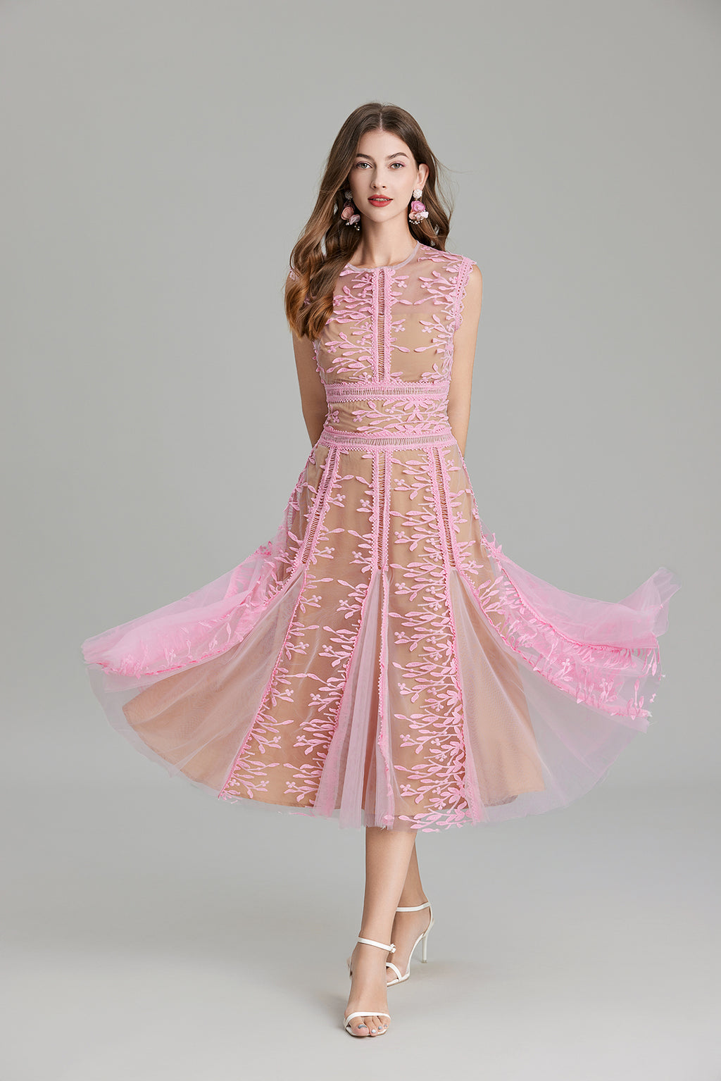 Floral Mesh Lace Sleeveless Midi Dress
