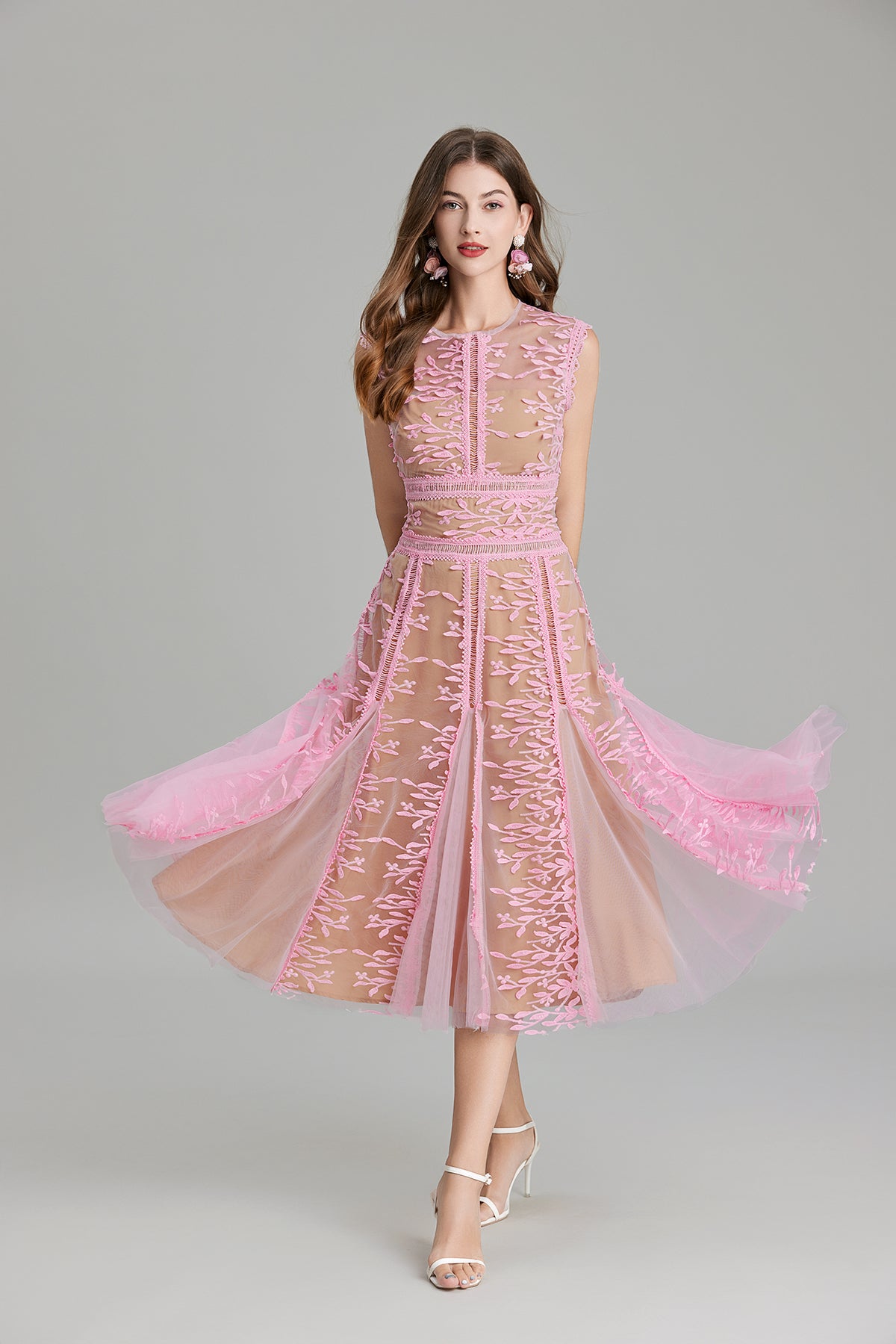 Floral Mesh Lace Sleeveless Midi Dress