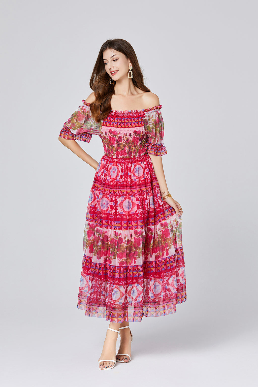 Vintage Floral Off-Shoulder Midi Dress