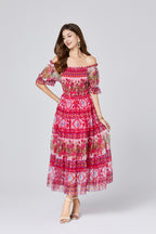 Vintage Floral Off-Shoulder Midi Dress