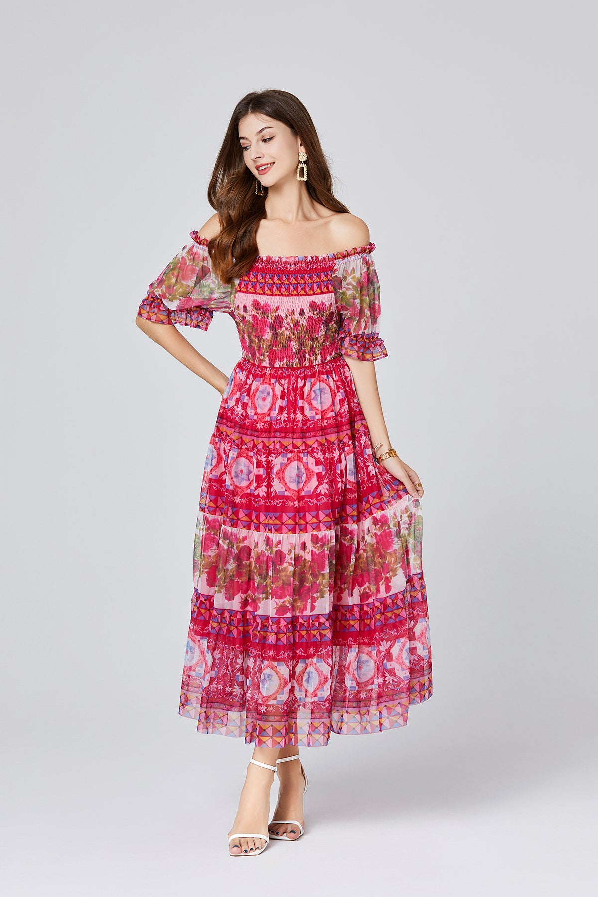 Vintage Floral Off-Shoulder Midi Dress