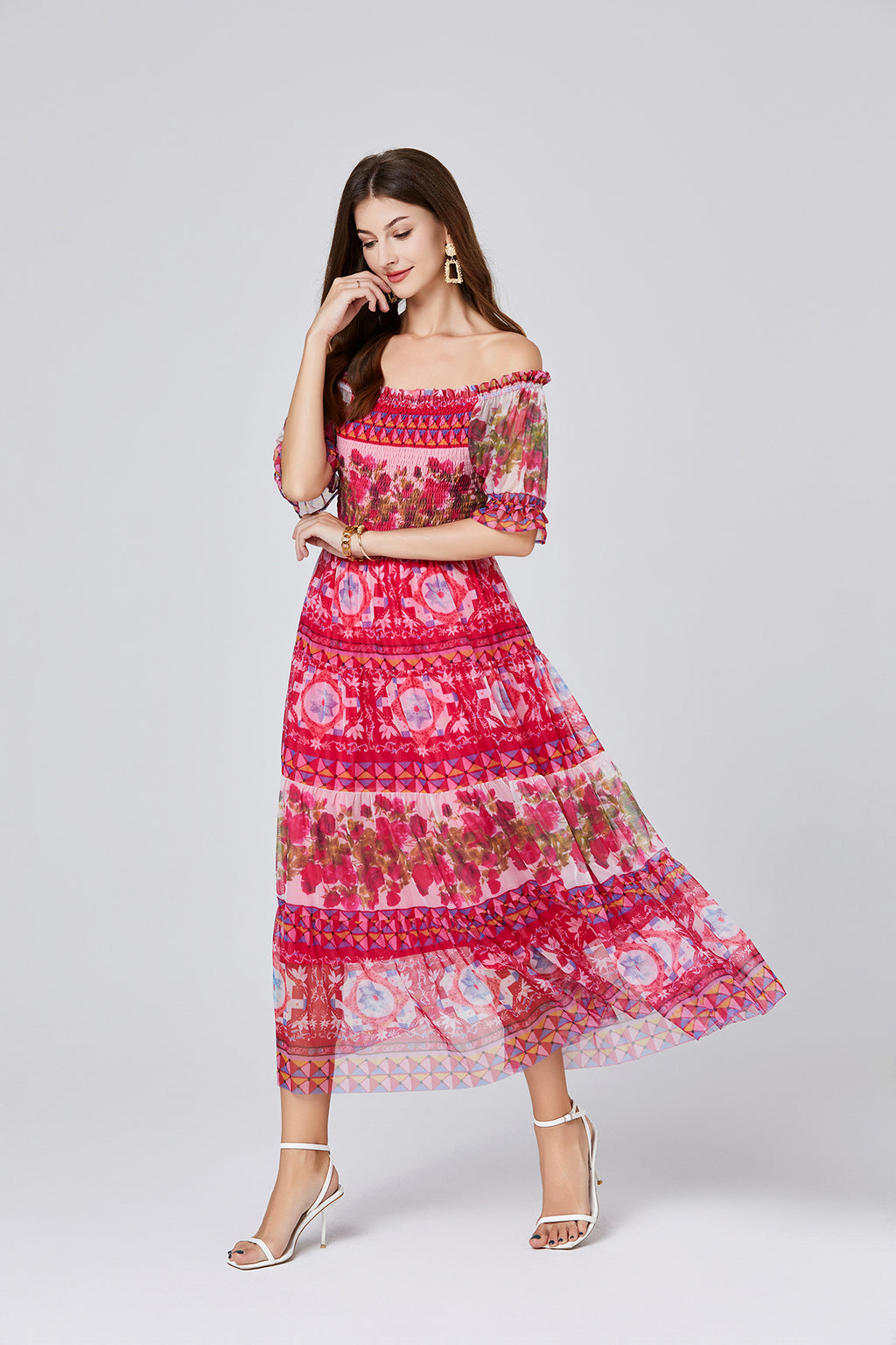 Vintage Floral Off-Shoulder Midi Dress