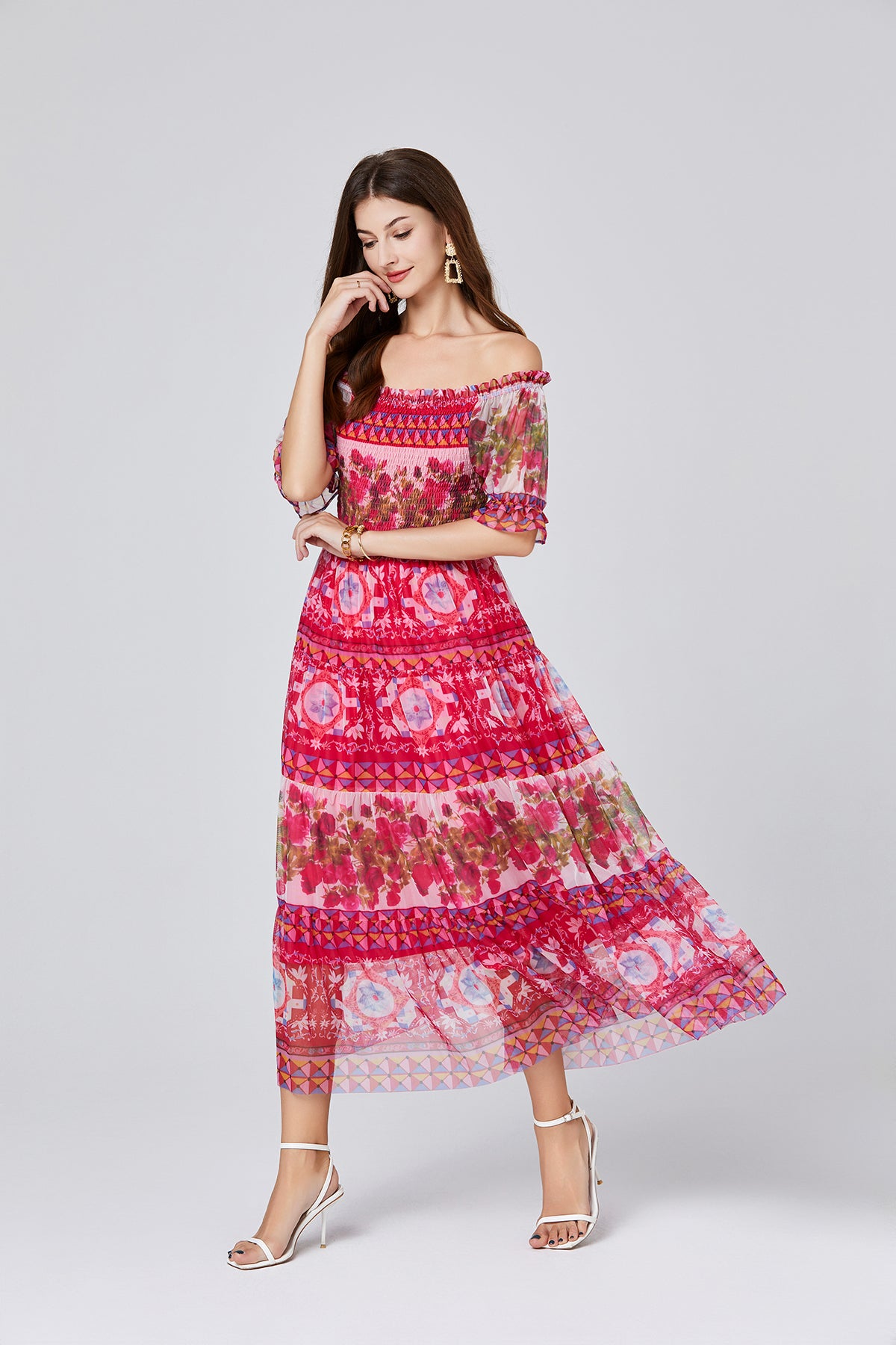 Vintage Floral Off-Shoulder Midi Dress