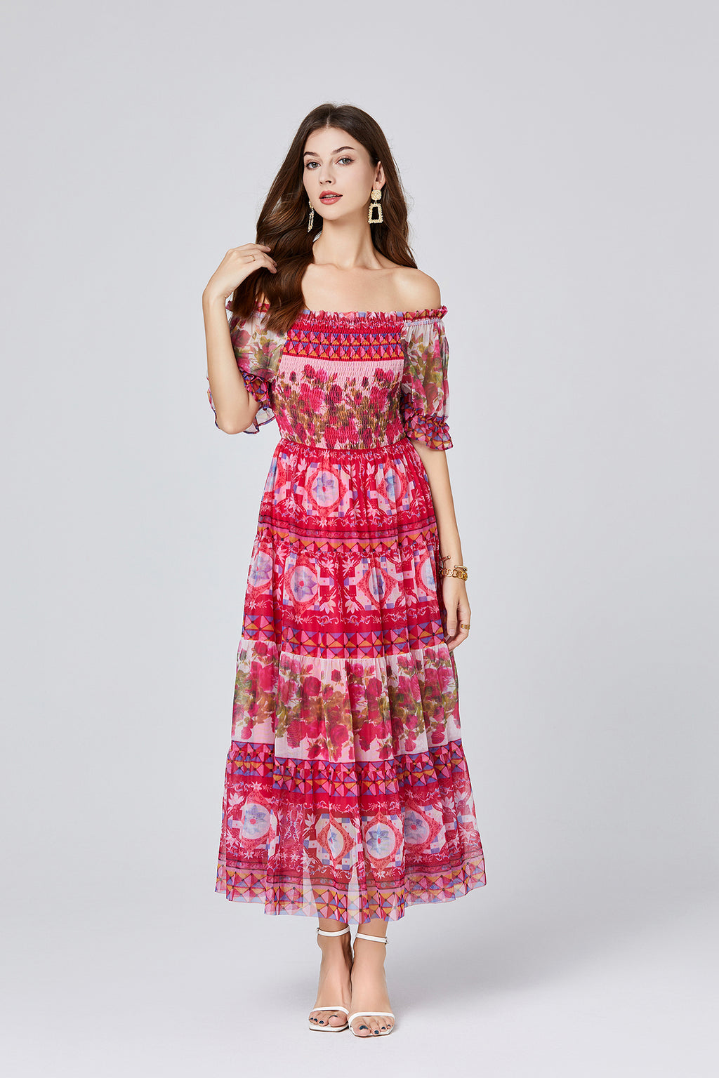 Vintage Floral Off-Shoulder Midi Dress
