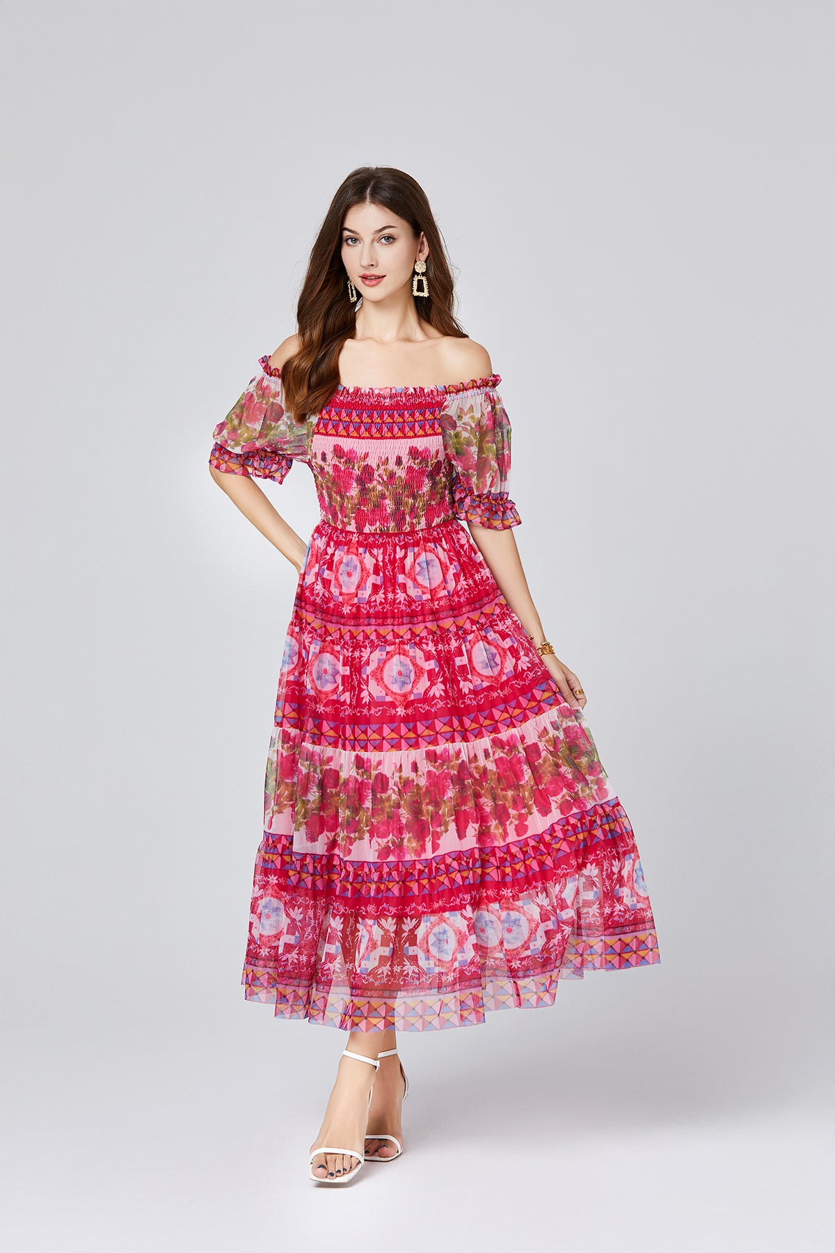 Vintage Floral Off-Shoulder Midi Dress