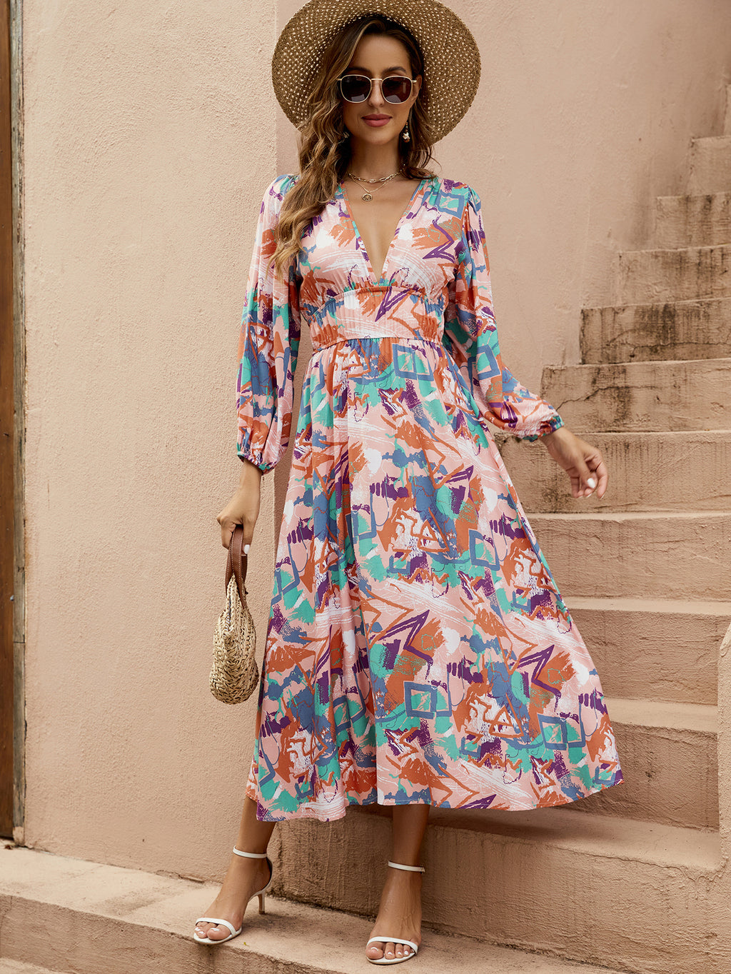 Geometric Print Deep V-Neck Maxi Dress