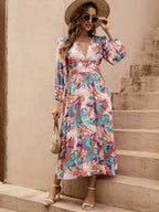 Geometric Print Deep V-Neck Maxi Dress
