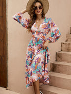 Geometric Print Deep V-Neck Maxi Dress