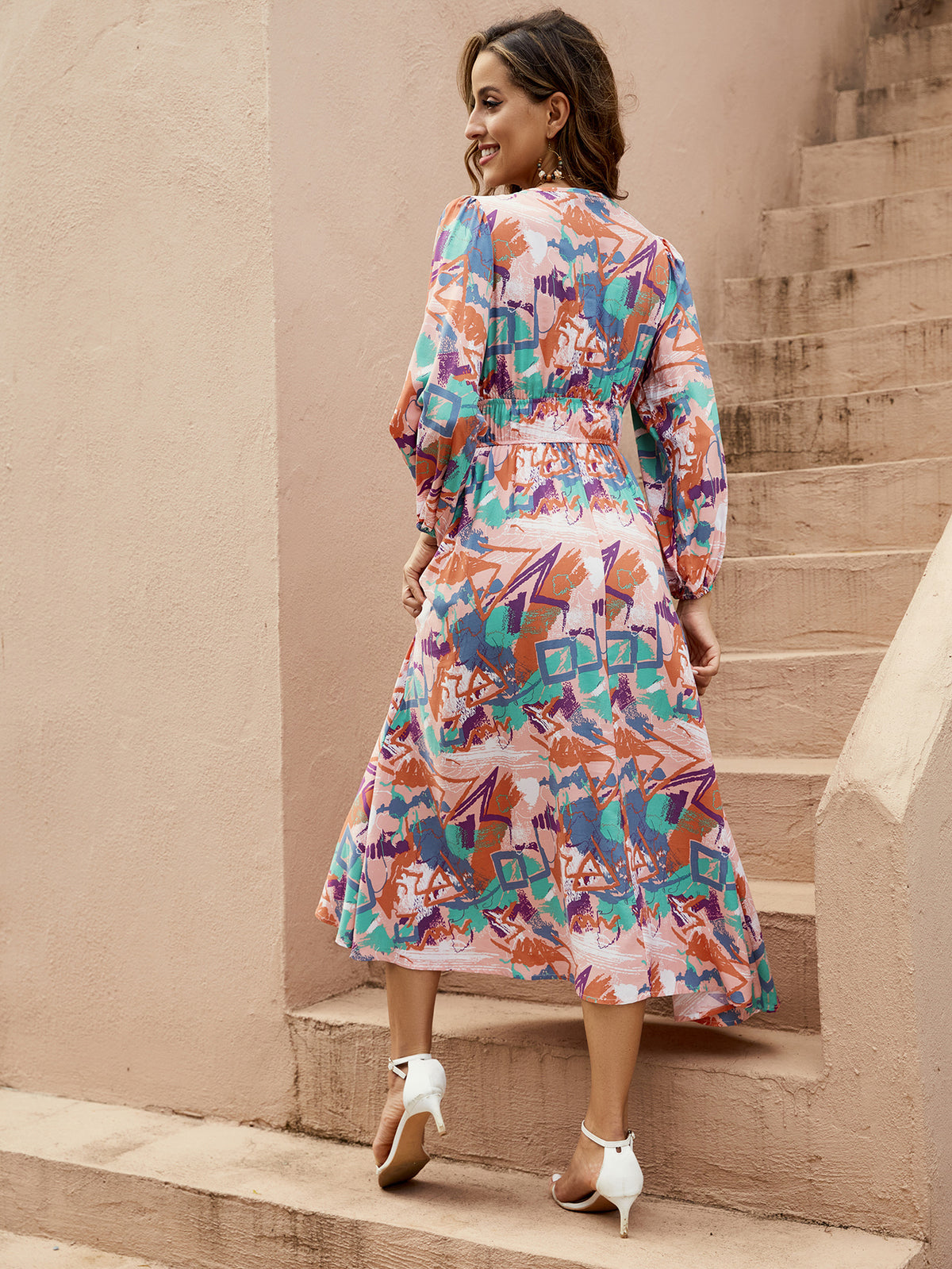 Geometric Print Deep V-Neck Maxi Dress