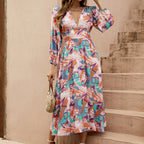 Geometric Print Deep V-Neck Maxi Dress