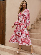 Floral Deep-V Lantern-Sleeve Dress