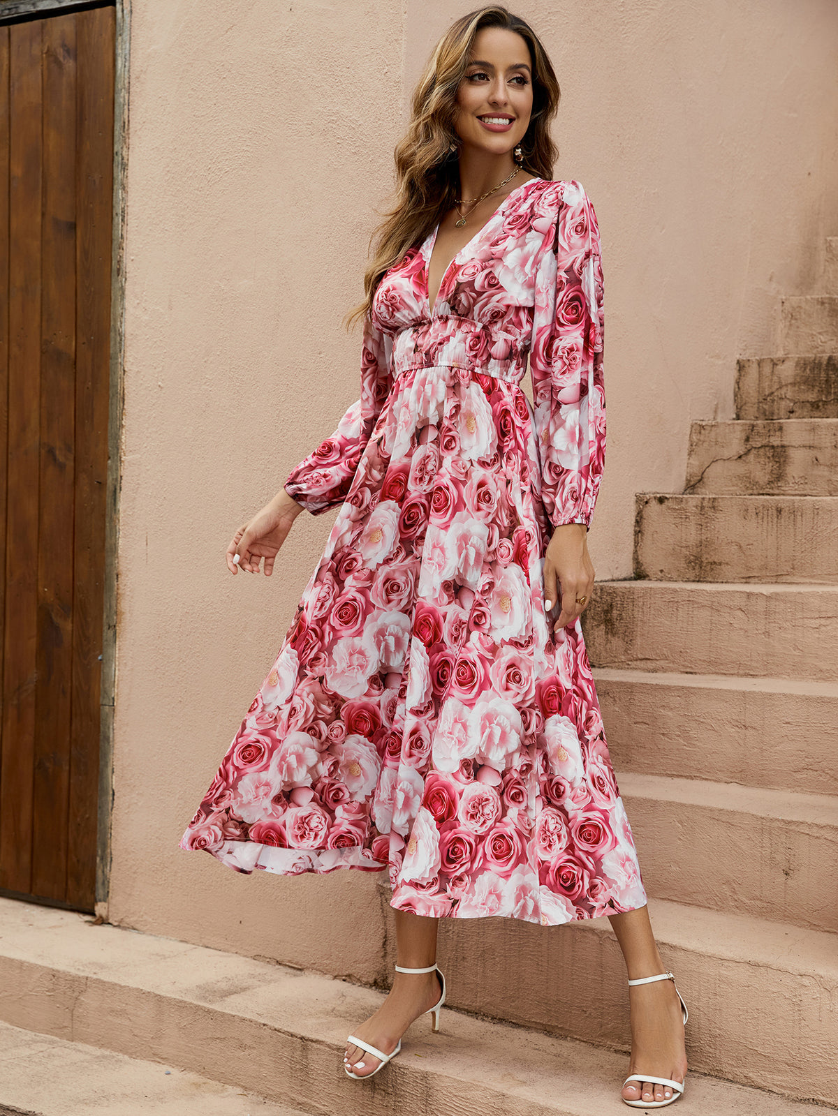 Floral Deep-V Lantern-Sleeve Dress
