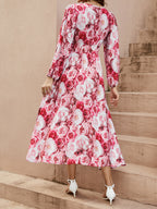 Floral Deep-V Lantern-Sleeve Dress