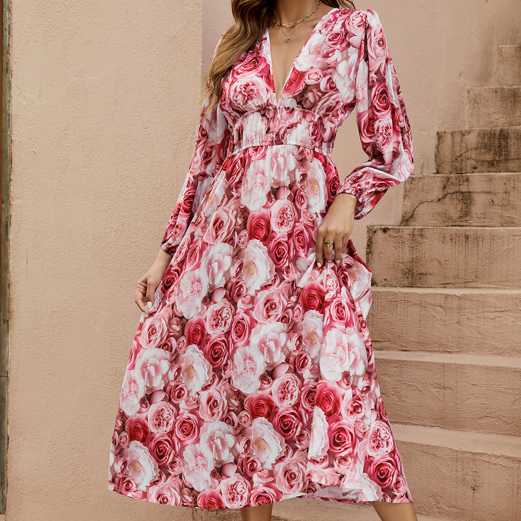 Floral Deep-V Lantern-Sleeve Dress