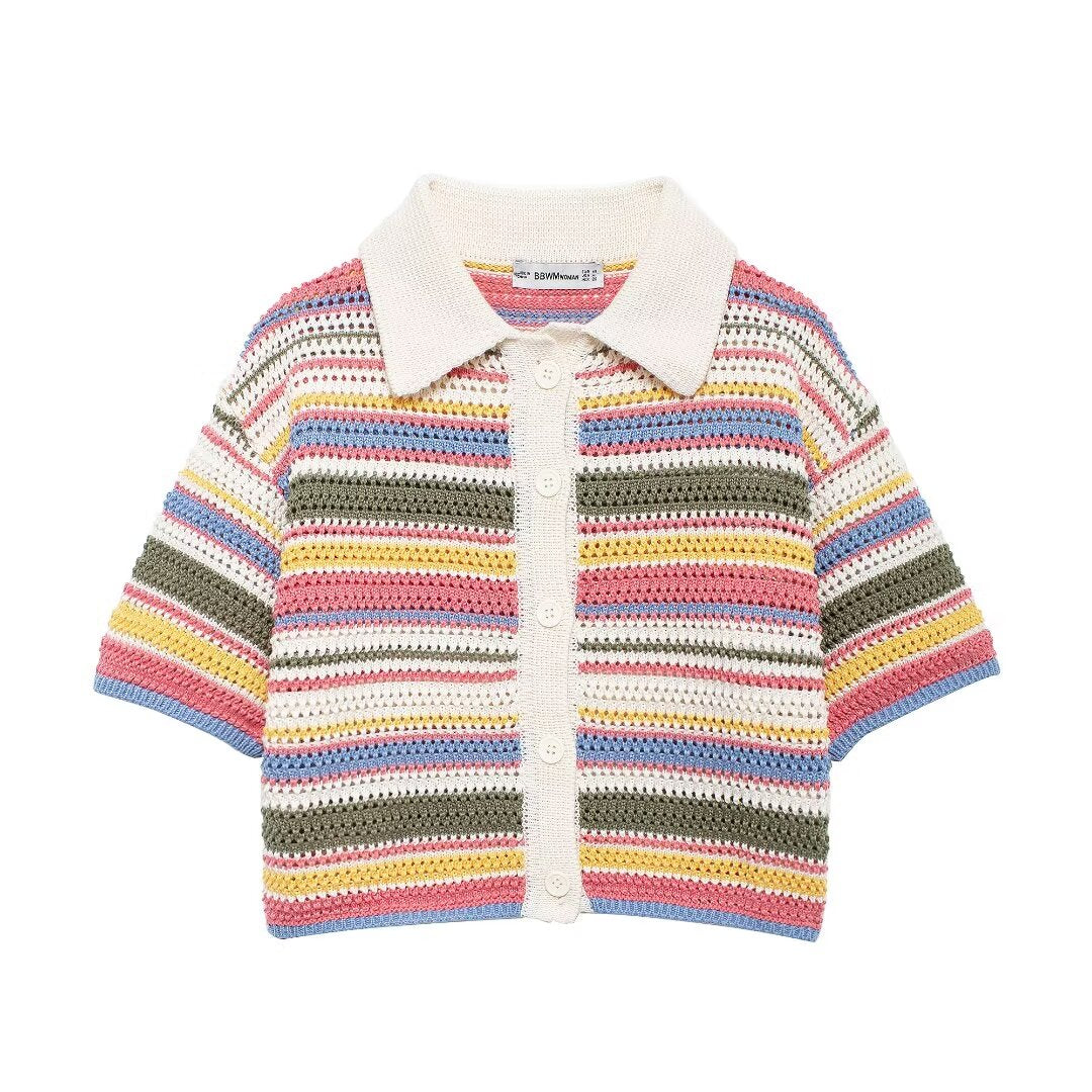 Women's Clothing Autumn Street Crocheted Polo Shirt Collar Short Sleeve Top