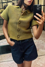 Women’s White Peter Pan Collar Button Knit Top