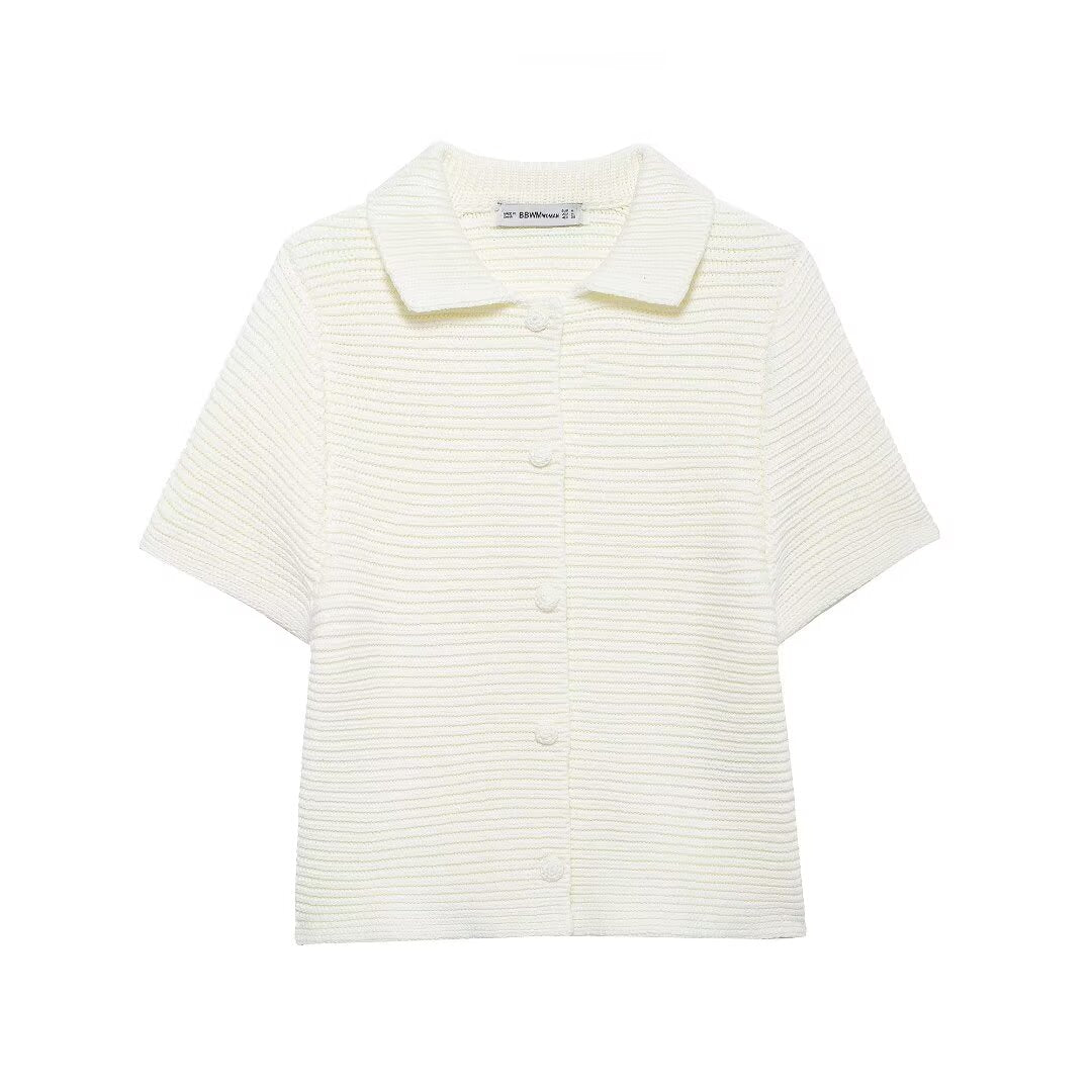 Women’s White Peter Pan Collar Button Knit Top