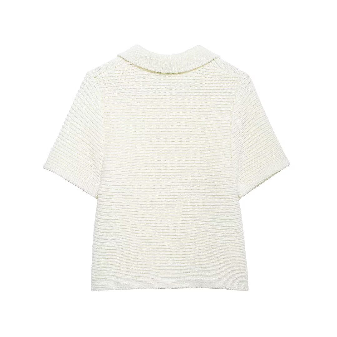Women’s White Peter Pan Collar Button Knit Top