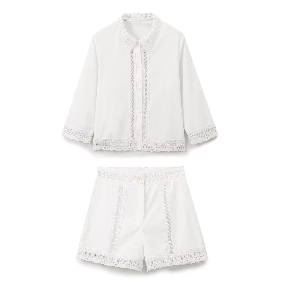 Summer Casual Hollow Out Cutout Embroidered Shirt Shorts Sets