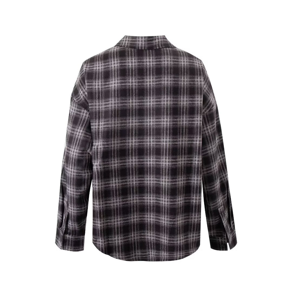Women’s Gray Plaid Collared Long Sleeve Shirt