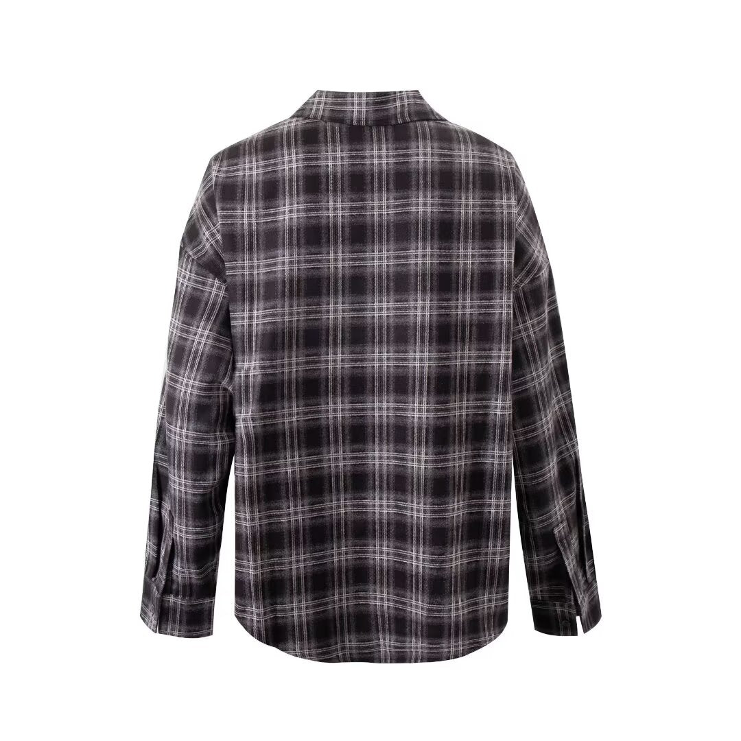 Women’s Gray Plaid Collared Long Sleeve Shirt