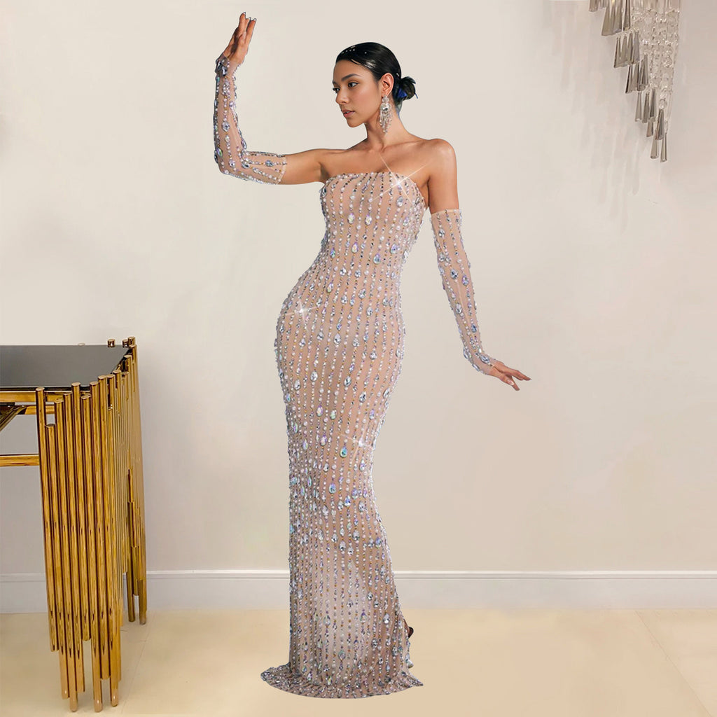 Women's Rhinestone Off-Shoulder Maxi Dress