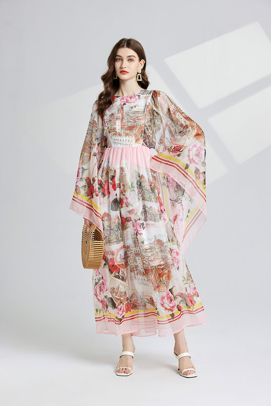 Vintage Floral Trumpet-Sleeve Maxi Dress