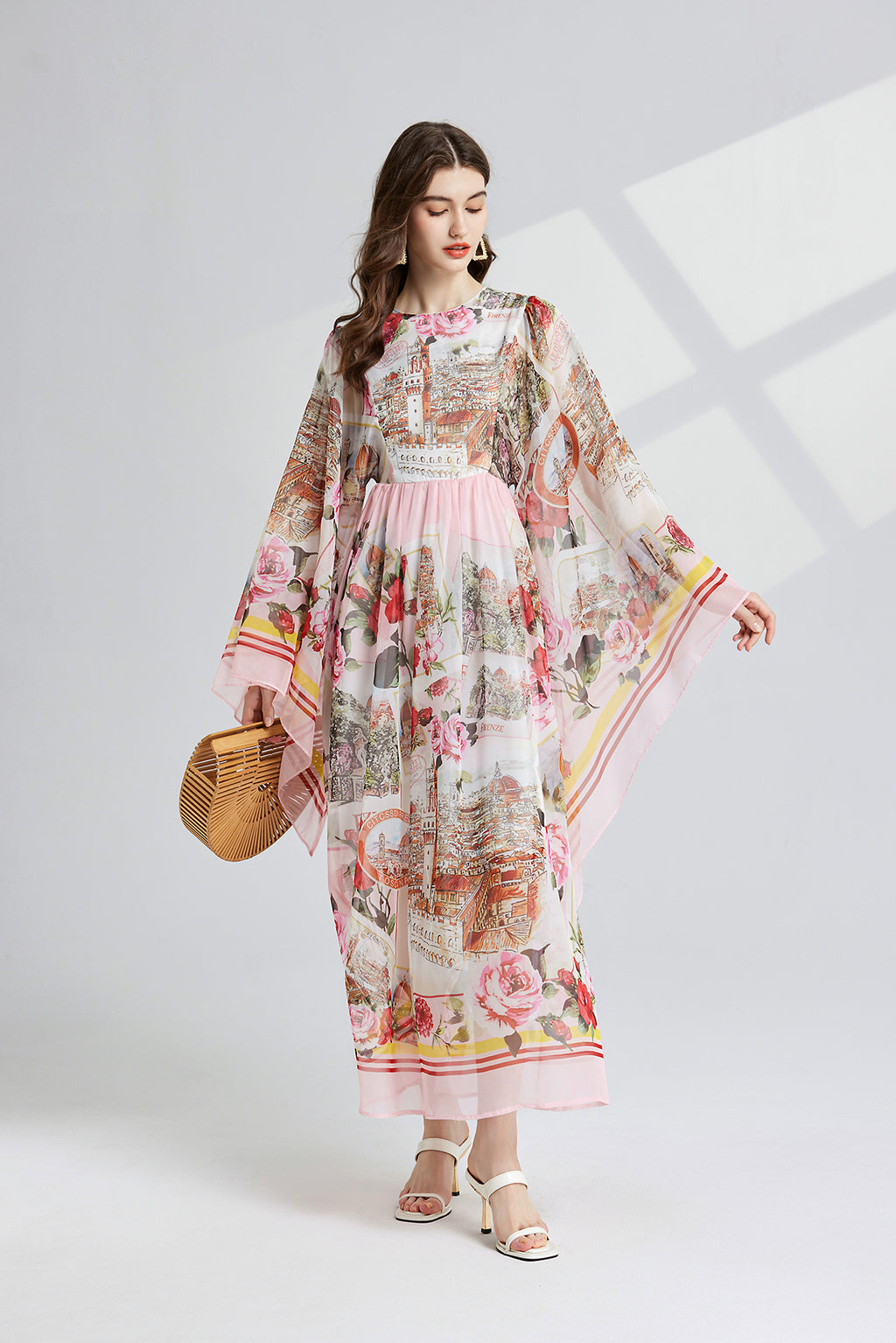 Vintage Floral Trumpet-Sleeve Maxi Dress