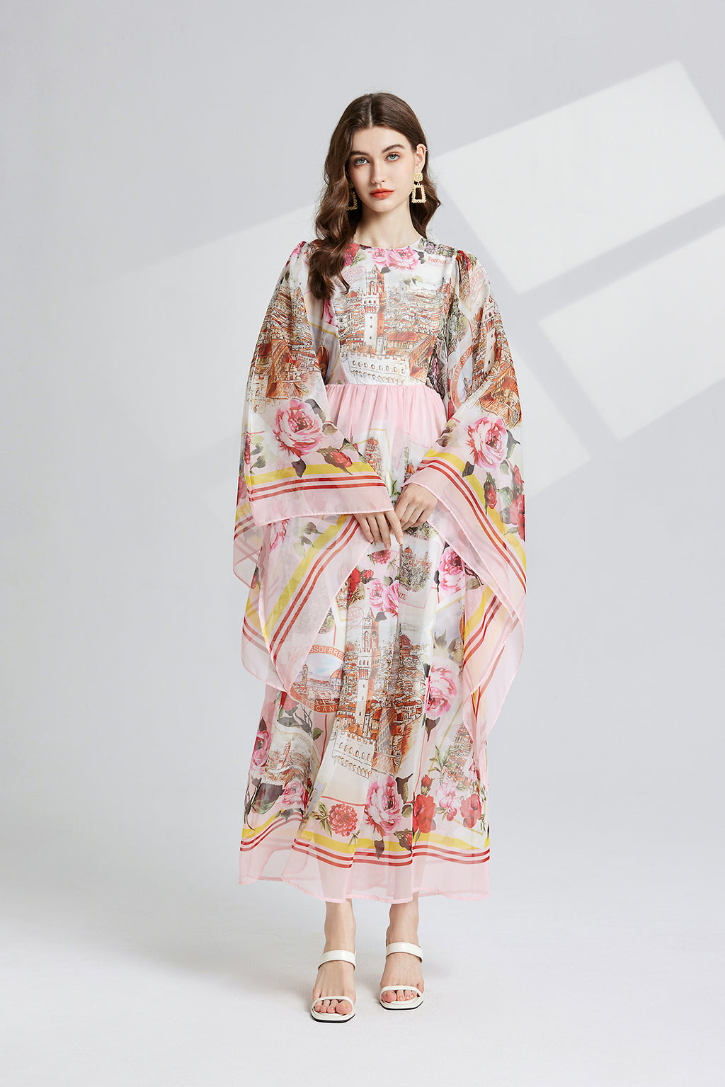 Vintage Floral Trumpet-Sleeve Maxi Dress