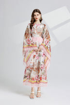 Vintage Floral Trumpet-Sleeve Maxi Dress