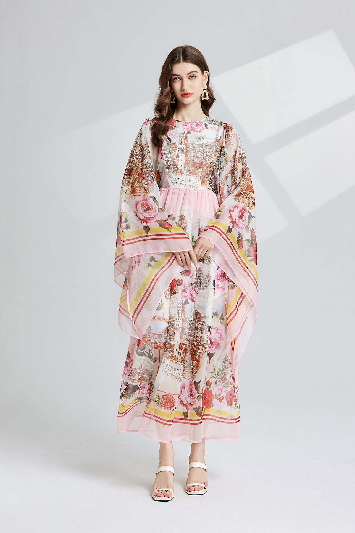 Vintage Floral Trumpet-Sleeve Maxi Dress