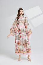 Vintage Floral Trumpet-Sleeve Maxi Dress