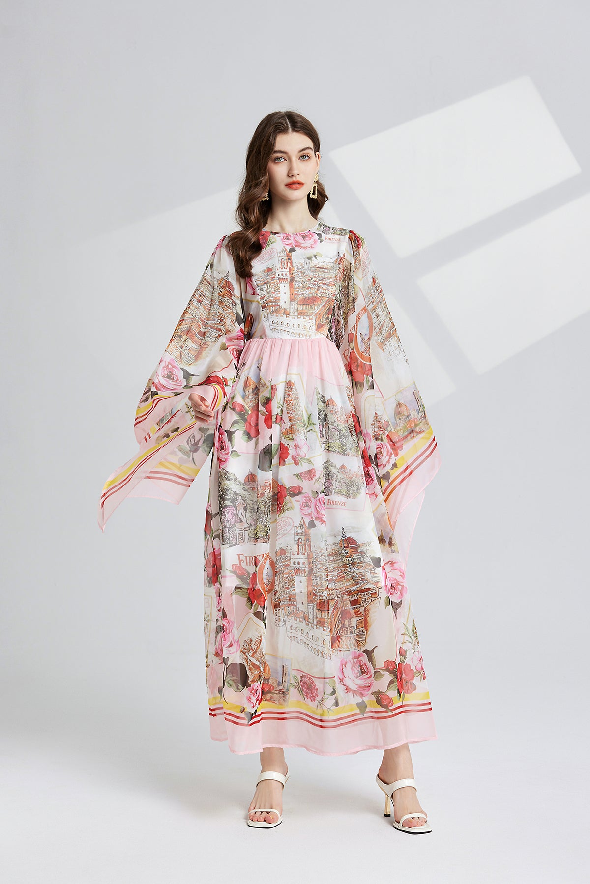 Vintage Floral Trumpet-Sleeve Maxi Dress