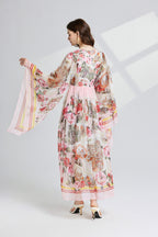 Vintage Floral Trumpet-Sleeve Maxi Dress