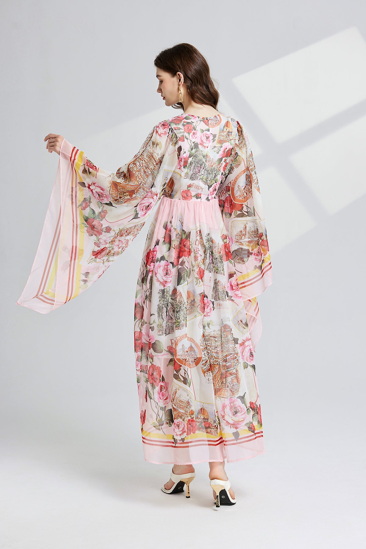 Vintage Floral Trumpet-Sleeve Maxi Dress