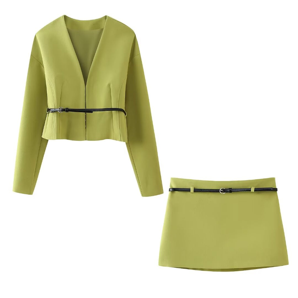 Women's Belted Jacket & Mini Skirt Set