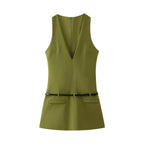 V-Neck Belted Sleeveless A-Line Mini Dress