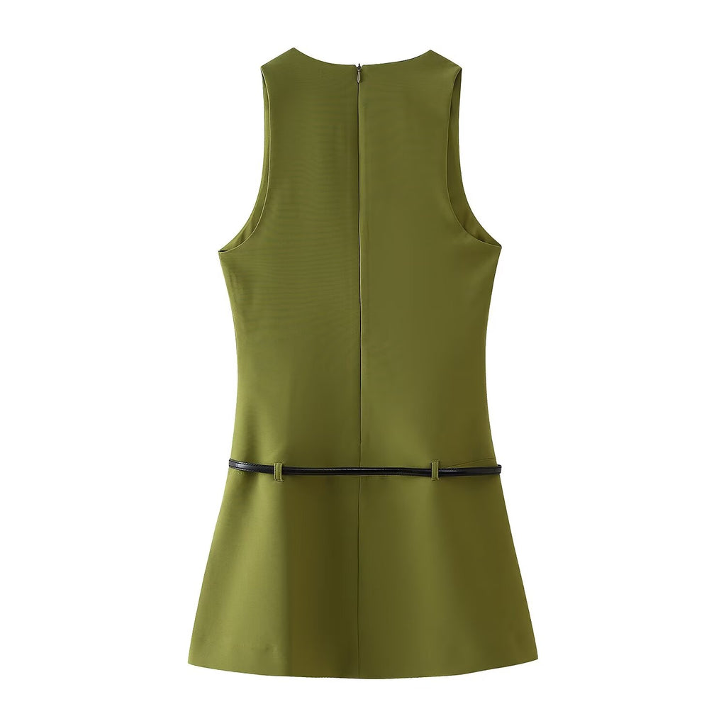 V-Neck Belted Sleeveless A-Line Mini Dress