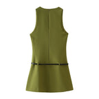 V-Neck Belted Sleeveless A-Line Mini Dress