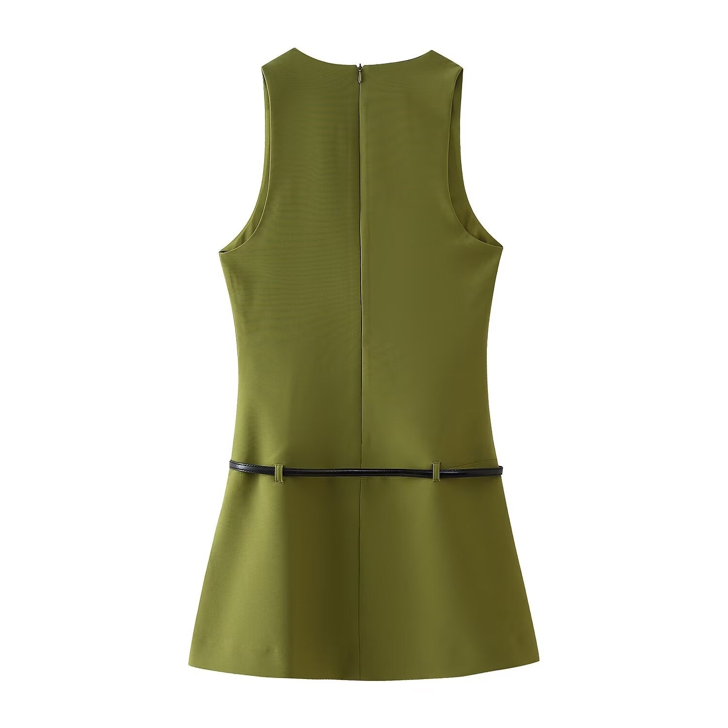 V-Neck Belted Sleeveless A-Line Mini Dress