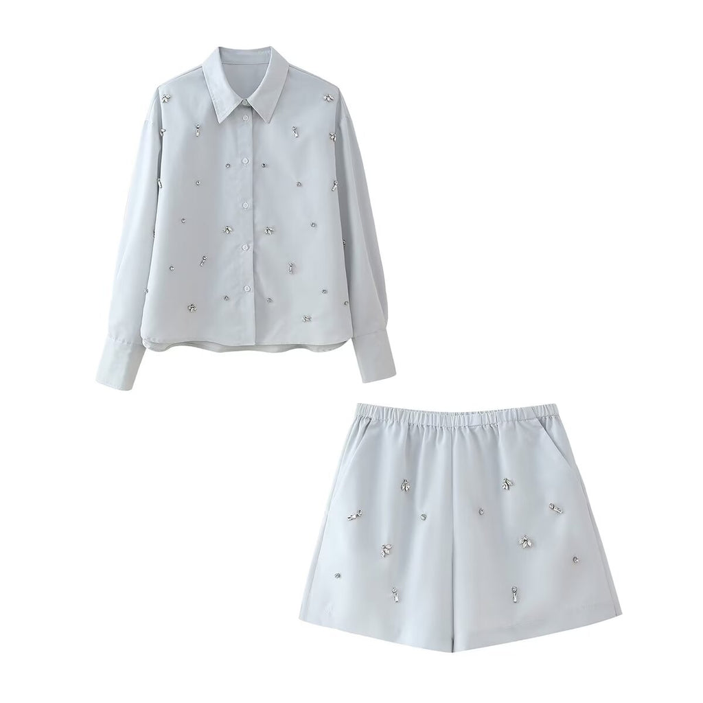 Autumn Arrival Artificial Decoration Shirt Shorts Set
